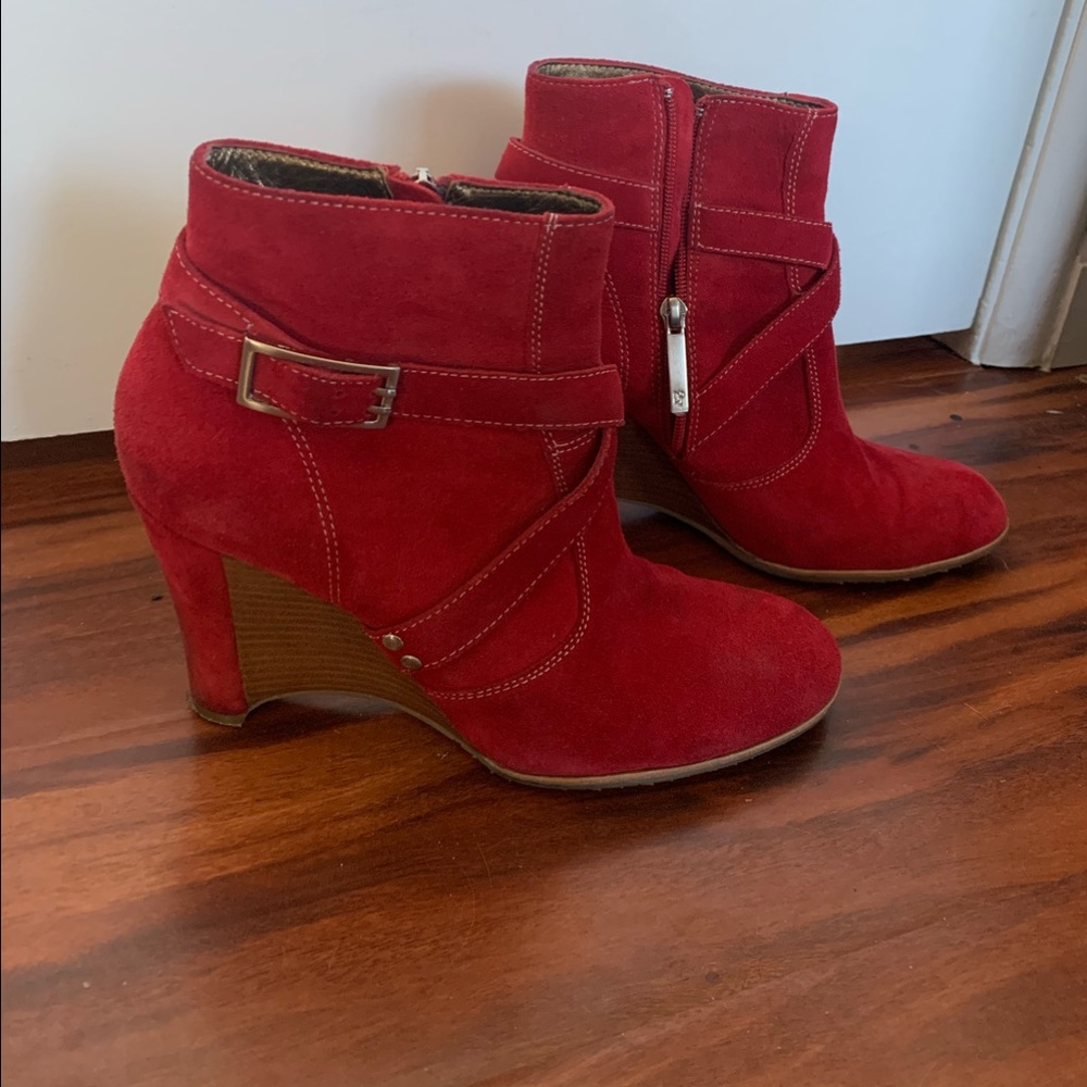 bright red donald pliner heeled boots
